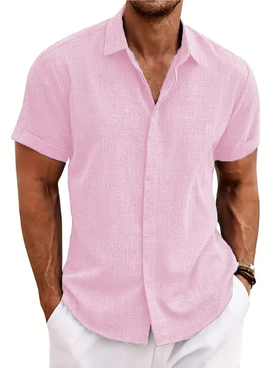 Men's Casual Linen Blend Lapel Shirt Short Sleeve Tie-Dye Solid Color