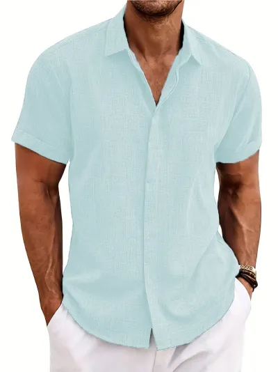 Men's Casual Linen Blend Lapel Shirt Short Sleeve Tie-Dye Solid Color