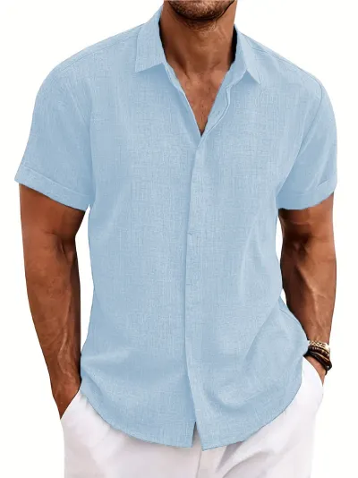 Men's Casual Linen Blend Lapel Shirt Short Sleeve Tie-Dye Solid Color