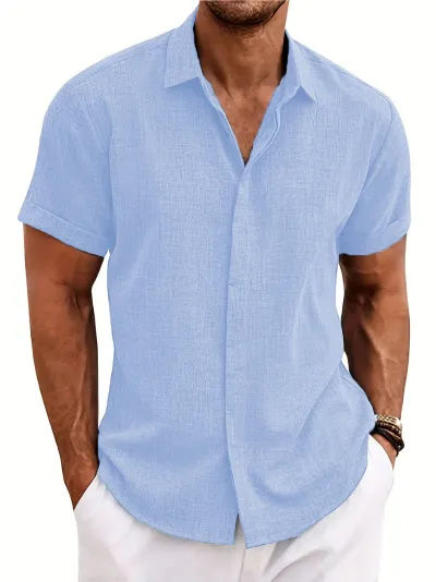Men's Casual Linen Blend Lapel Shirt Short Sleeve Tie-Dye Solid Color