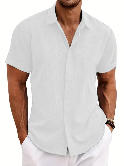 Men's Casual Linen Blend Lapel Shirt Short Sleeve Tie-Dye Solid Color