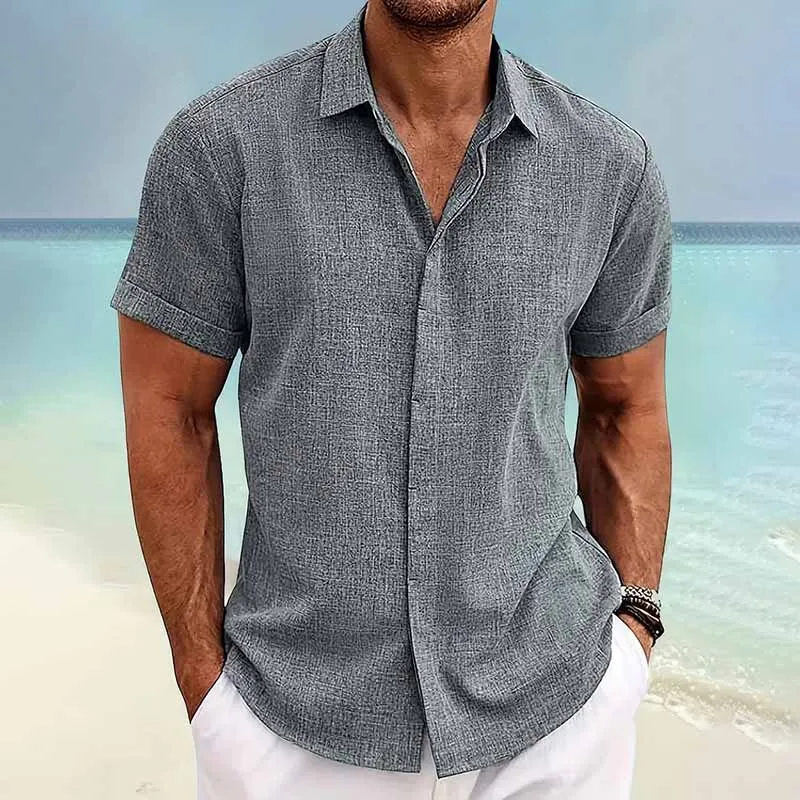 Men's Casual Linen Blend Lapel Shirt Short Sleeve Tie-Dye Solid Color