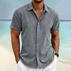 Men's Casual Linen Blend Lapel Shirt Short Sleeve Tie-Dye Solid Color