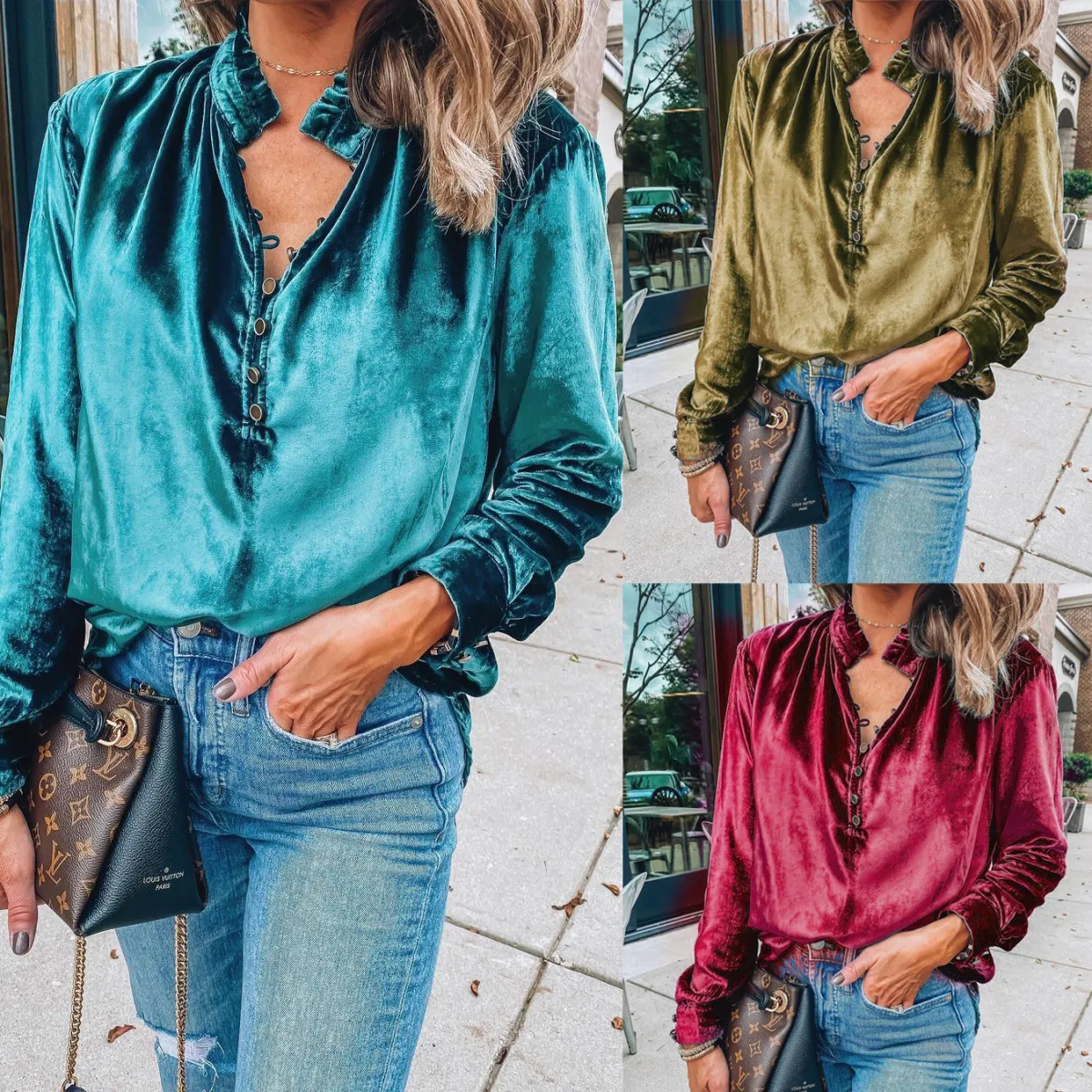 Women Sexy Elegant V-Neck Velvet Long Sleeve Blouses