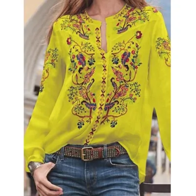 Women Casual Loose Printed Long Sleeve Blouses