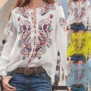 Women Casual Loose Printed Long Sleeve Blouses