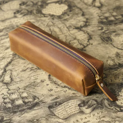 Simple Top Layer Cowhide Zipper Pencil Case Stationery