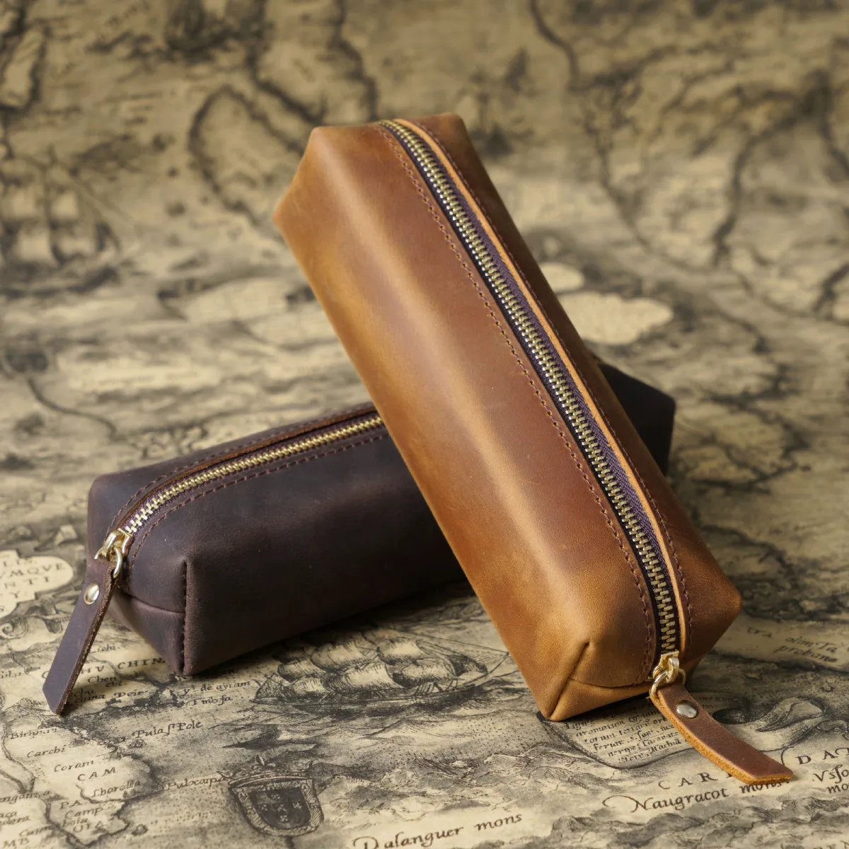 Simple Top Layer Cowhide Zipper Pencil Case Stationery