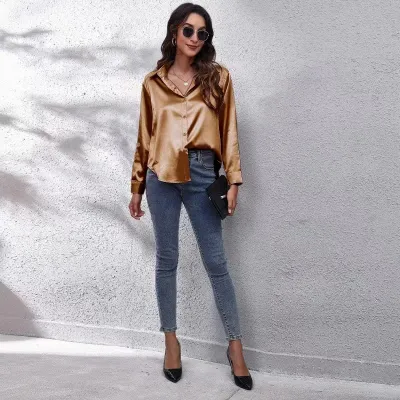 Women's V-Neck Button Long Sleeve Blouse - Urban Wind Style, Solid Color, Loose Fit