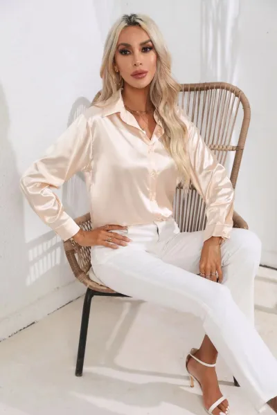 Women's V-Neck Button Long Sleeve Blouse - Urban Wind Style, Solid Color, Loose Fit