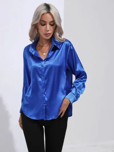 Women's V-Neck Button Long Sleeve Blouse - Urban Wind Style, Solid Color, Loose Fit