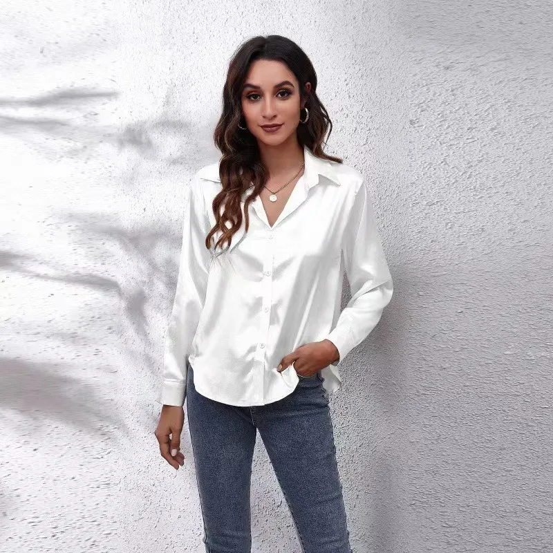 Women's V-Neck Button Long Sleeve Blouse - Urban Wind Style, Solid Color, Loose Fit