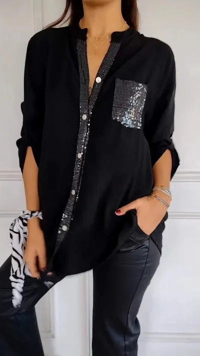 Women Casual Solid Color Sequin Pocket Cardigan Blouse
