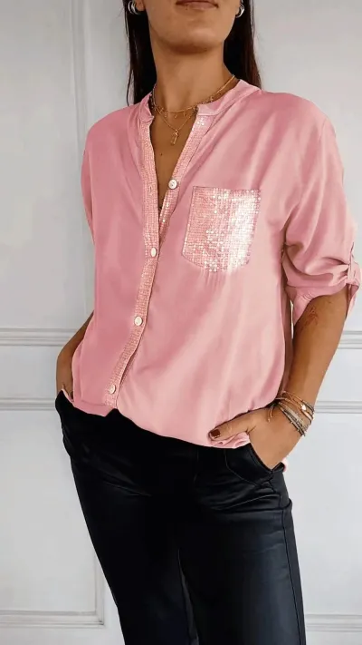 Women Casual Solid Color Sequin Pocket Cardigan Blouse