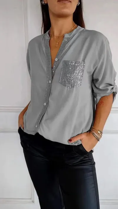 Women Casual Solid Color Sequin Pocket Cardigan Blouse