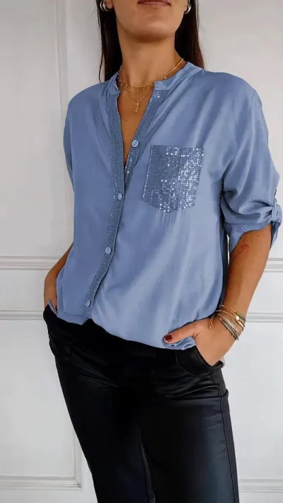 Women Casual Solid Color Sequin Pocket Cardigan Blouse