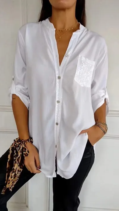 Women Casual Solid Color Sequin Pocket Cardigan Blouse