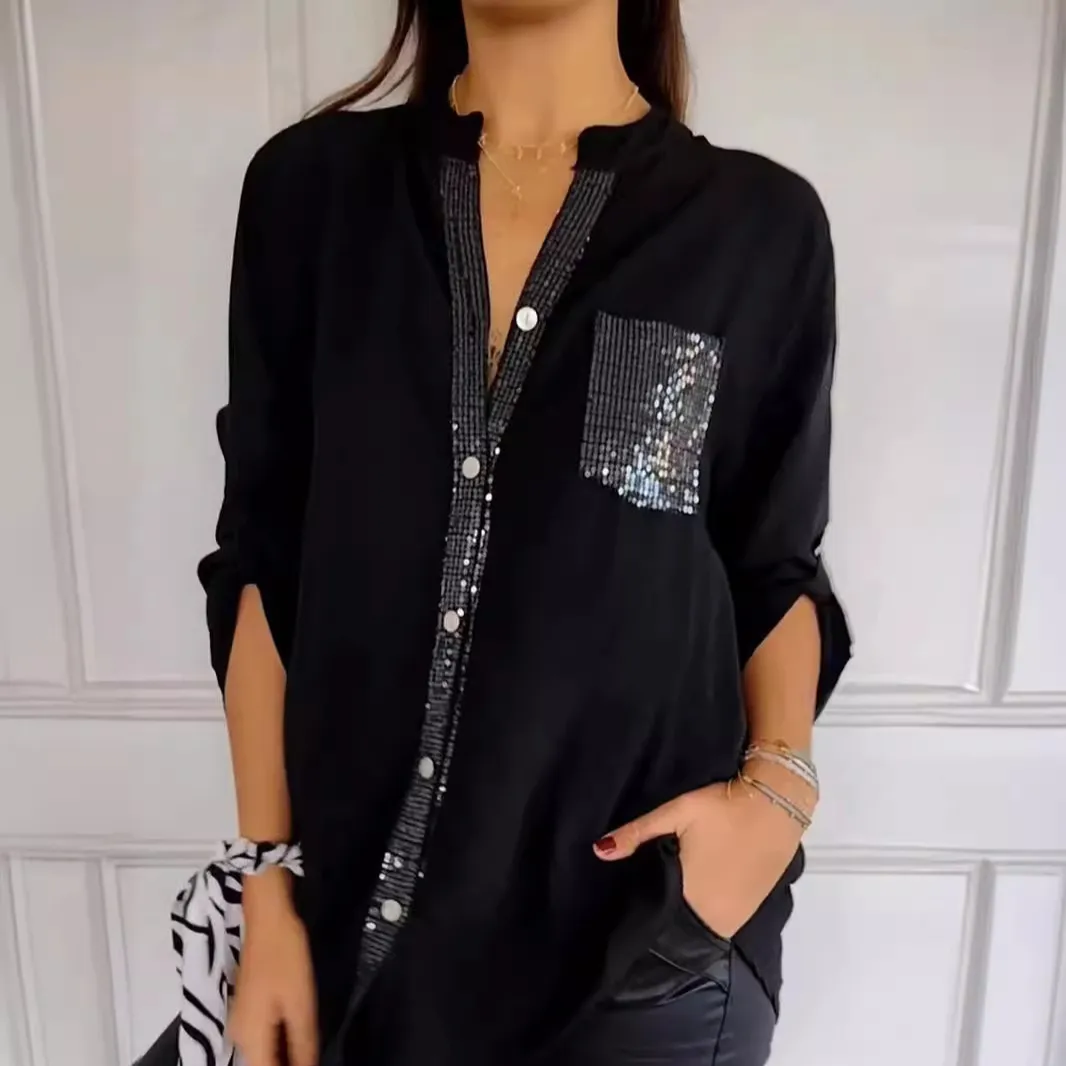 Women Casual Solid Color Sequin Pocket Cardigan Blouse