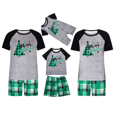 Simple Cartoon Christmas Tree Print Round Neck Short-Sleeved Top Shorts Home Parent-Child Pajamas Set Family Matching Outfits