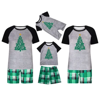Simple Cartoon Christmas Tree Print Round Neck Short-Sleeved Top Shorts Home Parent-Child Pajamas Set Family Matching Outfits