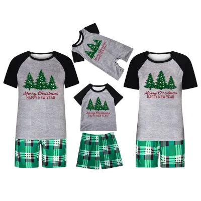 Simple Cartoon Christmas Tree Print Round Neck Short-Sleeved Top Shorts Home Parent-Child Pajamas Set Family Matching Outfits