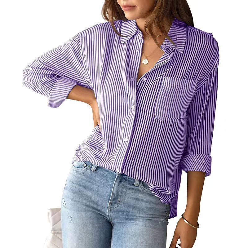 Wholesale Women Fashion Casual Stripe Lapel Long Sleeve