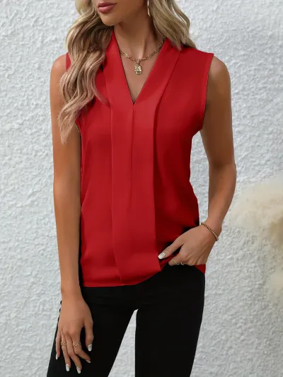 Women Simple Solid Color V-Neck Sleeveless Pullover Blouse