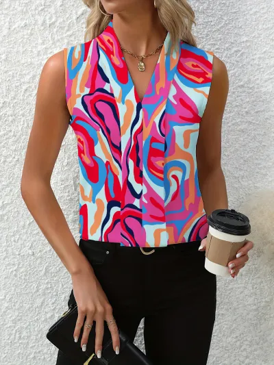 Women Simple Solid Color V-Neck Sleeveless Pullover Blouse