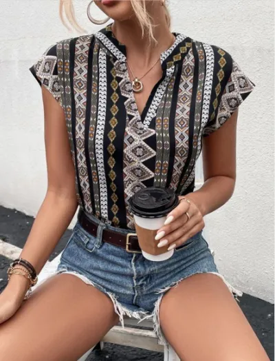 Women V-Neck Geometric Print Bohemian Blouse