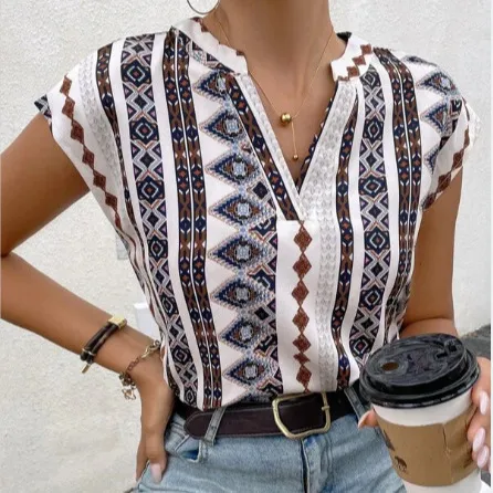 Women V-Neck Geometric Print Bohemian Blouse