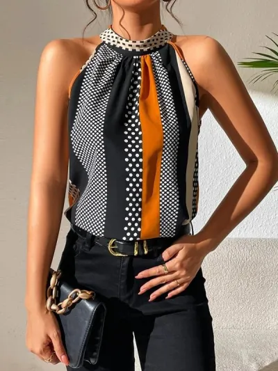 Women Fashion Polka Dot Stripe Print Sleeveless Shirt