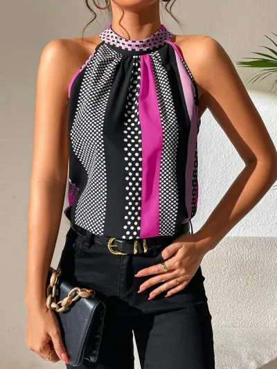 Women Fashion Polka Dot Stripe Print Sleeveless Shirt