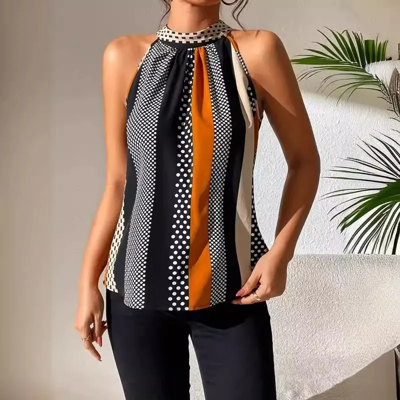 Women Fashion Polka Dot Stripe Print Sleeveless Shirt