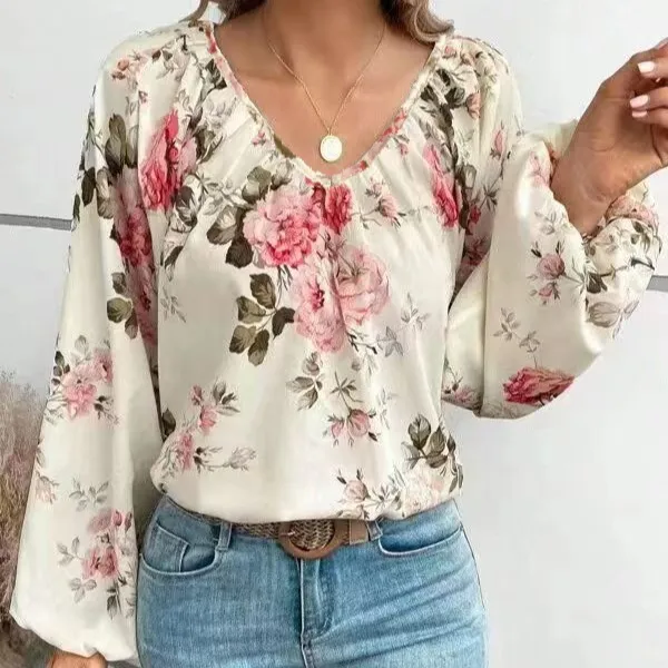 Women Floral Print V-Neck Puff Sleeve Blouse Top