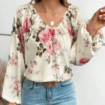Women Floral Print V-Neck Puff Sleeve Blouse Top