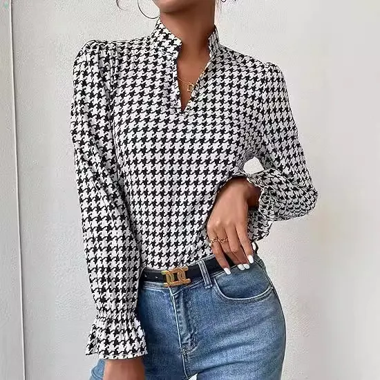 Women's V-Neck Houndstooth Print Long Sleeve Blouse
