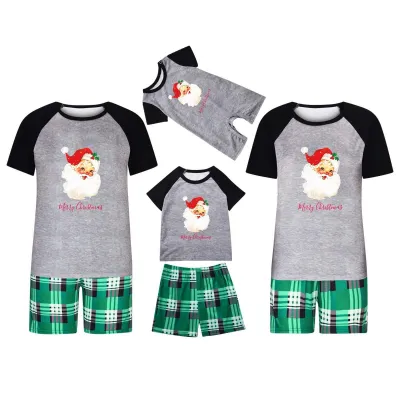 Simple Cartoon Christmas Tree Santa Claus Print Round Neck Short Sleeve Top Shorts Home Parent-Child Pajamas Set
