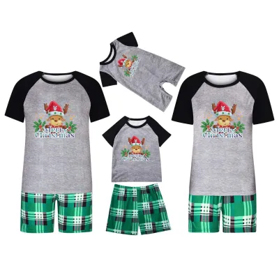 Simple Cartoon Christmas Tree Santa Claus Print Round Neck Short Sleeve Top Shorts Home Parent-Child Pajamas Set
