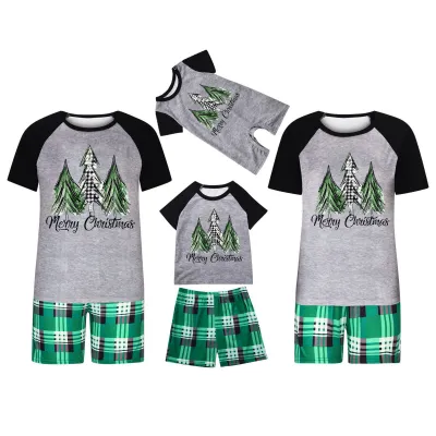 Cartoon Christmas Tree Print Round Neck Short Sleeve Home Pajamas Parent-Child Matching Set