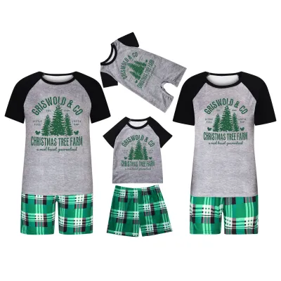Cartoon Christmas Tree Print Round Neck Short Sleeve Home Pajamas Parent-Child Matching Set