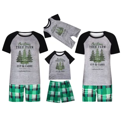 Cartoon Christmas Tree Print Round Neck Short Sleeve Home Pajamas Parent-Child Matching Set