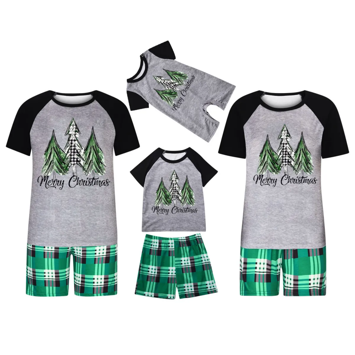 Cartoon Christmas Tree Print Round Neck Short Sleeve Home Pajamas Parent-Child Matching Set