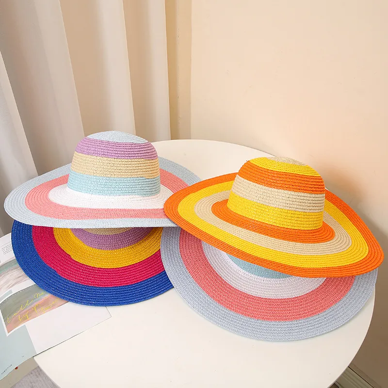 Fashion Holiday Multicolor Stitching Straw Dome Sun Hat