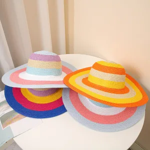 Fashion Holiday Multicolor Stitching Straw Dome Sun Hat