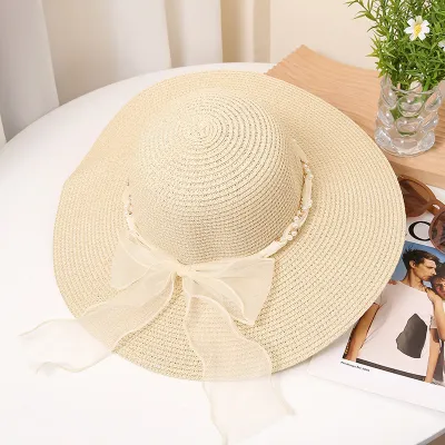 Holiday Fashion Pearl Ribbon Straw Sun Hat