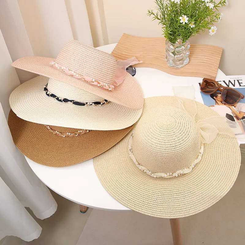 Holiday Fashion Pearl Ribbon Straw Sun Hat
