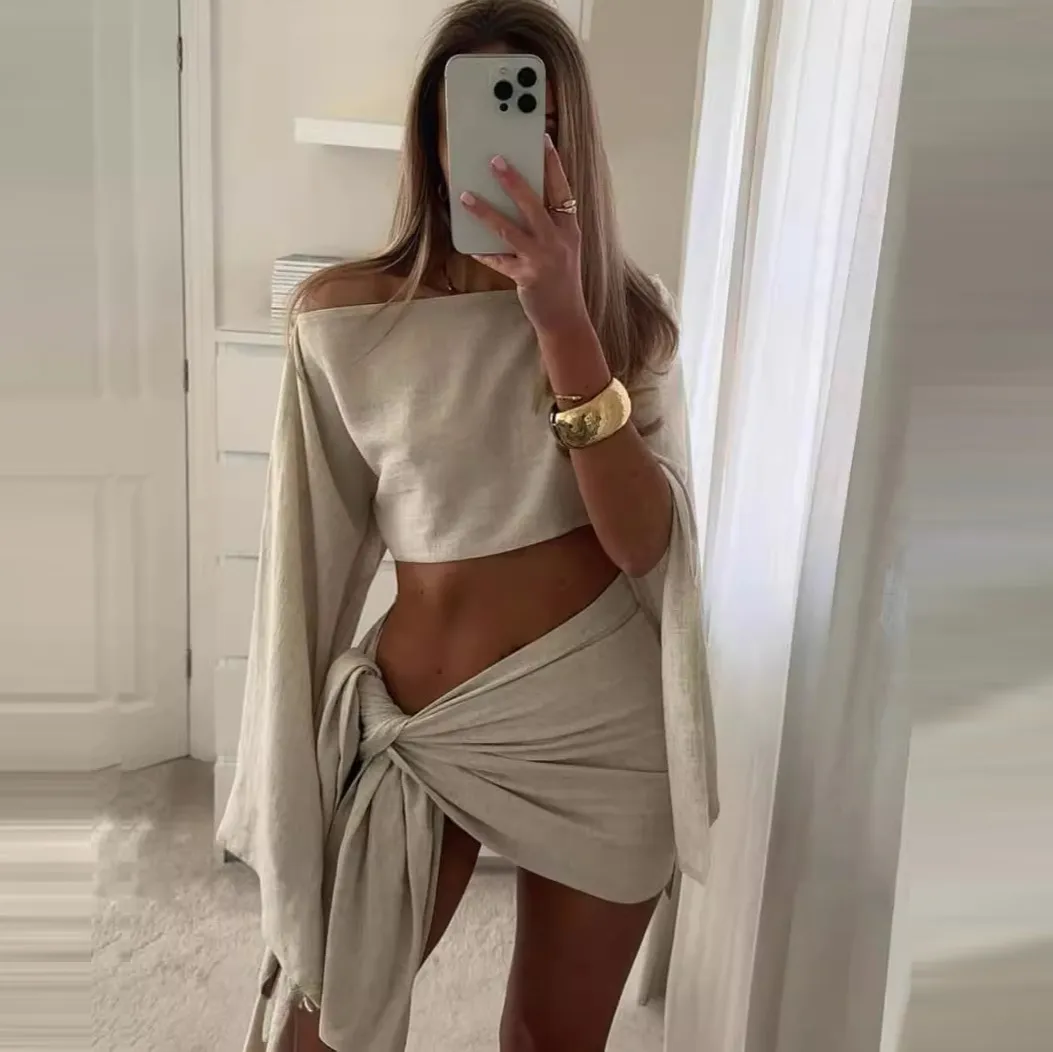 Summer Women Fashion Sexy Oblique Shoulder Crop Top Lace Up Skirt Two-Piece Set