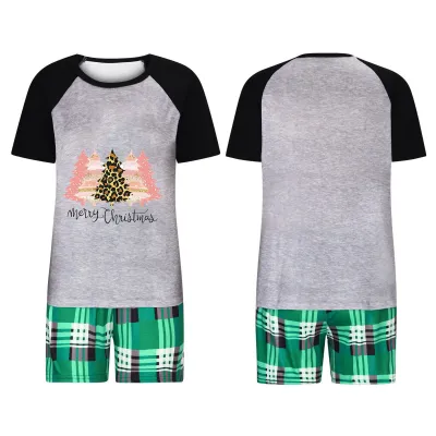 Simple Cartoon Christmas Tree Print Round Neck Short Sleeve Top Shorts Home Parent-Child Pajamas Set for Kids Family Matching Outfits
