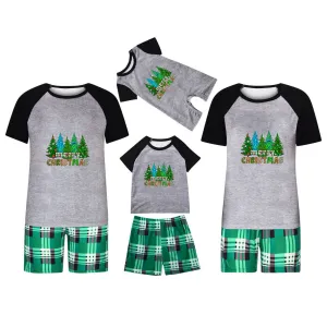 Simple Cartoon Christmas Tree Print Round Neck Short Sleeve Top Shorts Home Parent-Child Pajamas Set for Kids Family Matching Outfits