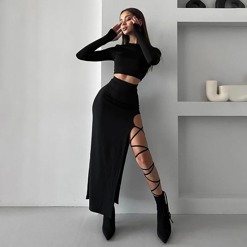 Summer Women Fashion Solid Color Round Neck Long Sleeve Top Strap Skirt Two-Piece Set